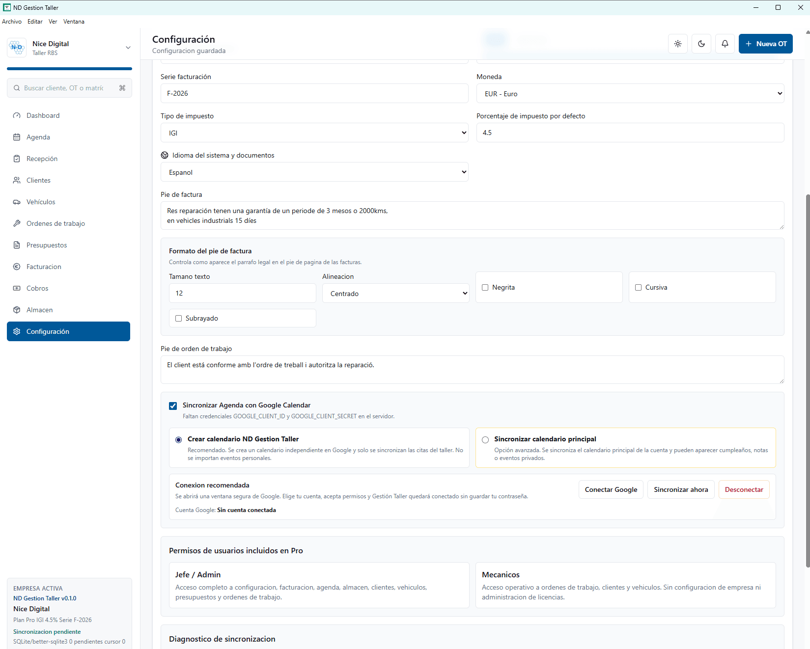 Captura de Configuracion del taller en ND Gestion Taller
